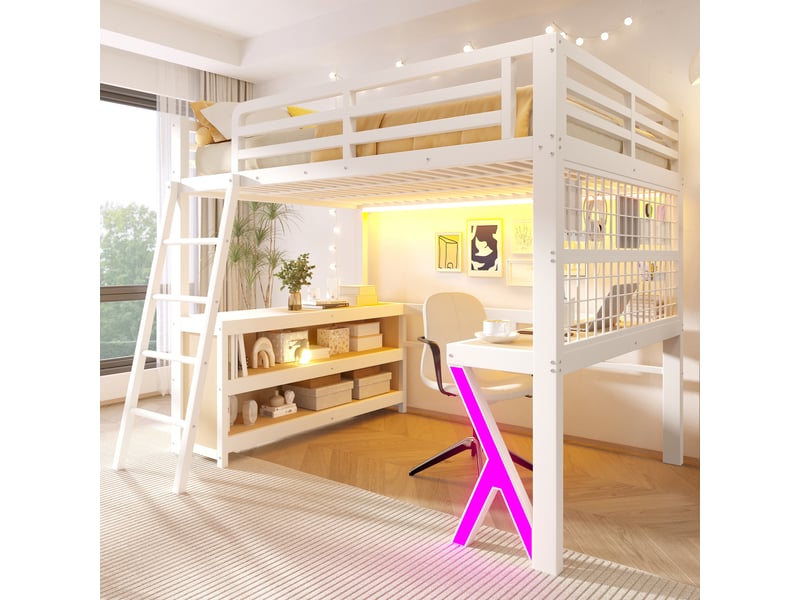 Lit mezzanine 140 × 200 cm, bureau intégré, rangements, panneau grillagé et éclairage led, en métal et mdf, blanc - Conforama D