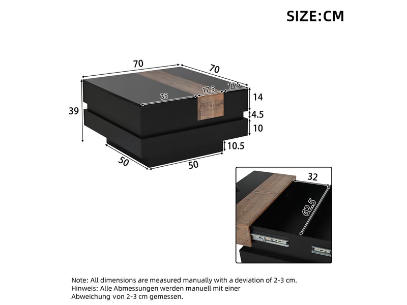  Table basse carrée à plateau coulissant avec rangement, 70x70x39 cm, noire  - Conforama E