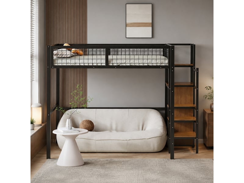 Lit mezzanine enfant 200×140 cm avec échelle, armoire sous l’échelle et garde-corps, sans matelas, en mdf et métal noir - Conforama B