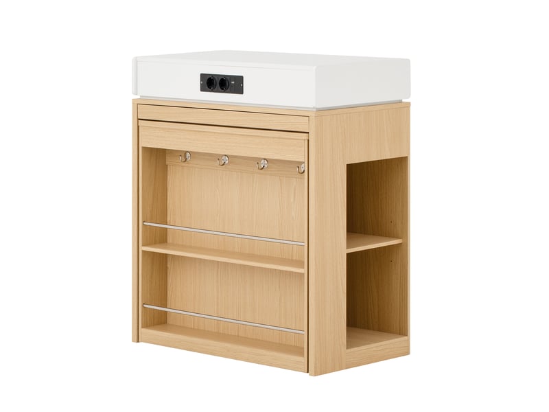 Îlot de cuisine mobile 83 cm avec table extensible, prises intégrées et verre cannelé, naturel Jamama eleni - Conforama R