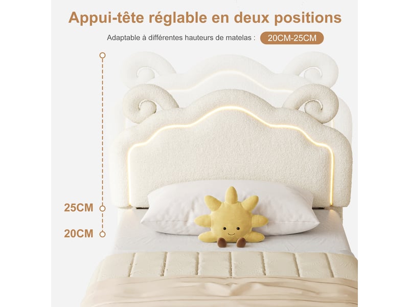 Lit enfant 90x200 cm en teddy bouclé beige - tête de lit en forme de mouton - led 7 couleurs avec application et télécommande - grand tiroir de rangement intégré - sommier à lattes en bois inclus - lit 1 place pour fille, garçon… - Conforama B