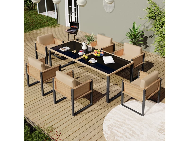 Ensemble salon de jardin 6 places en résine tressée beige – coussins déhoussables et lavables - Conforama B
