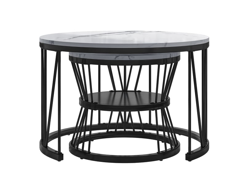  Lot de 2 tables gigognes rondes  ø70 et ø45cm, motif marbré, meuble, rangement, support en forme de v, mdf, blanc  - Conforama E
