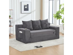 Canapé 3 places en velours côtelé, sans montage, design modulaire, porte-gobelets, rangements latéraux, 172×87×64 cm