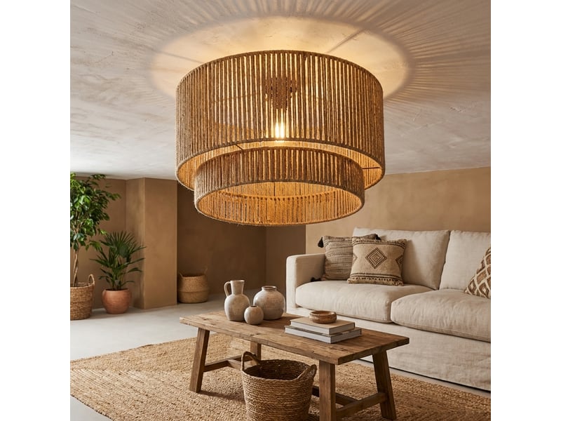  Plafonnier en corde de jute naturelle Ø450x260 mm, lampe artisanale style bohème, abat-jour décoratif C030-JUTE-DOUBLE-D45 - Conforama R