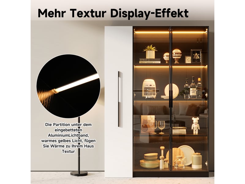  Vitrine haute 110,5x35x160 cm avec led, porte vitrée, tiroir latéral sécurisé et rangement, noir et blanc  - Conforama D