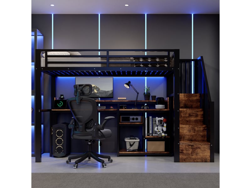  Lit mezzanine enfant simple 90×200 cm avec étagères, usb, type-c et led - okmyhome- sans matelas noir  - Conforama C