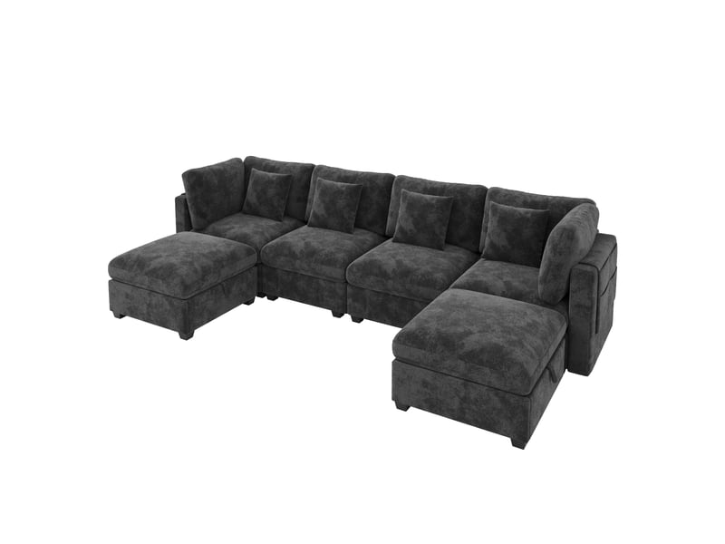  Canapé d’angle modulable avec rangement xl 6 places 292 x 147 x 81 cm grand canapé en l avec méridienne et pouf chenille gris  - Conforama A