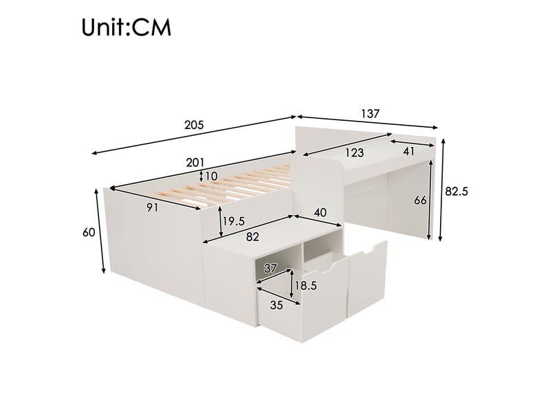  Modenvie lit enfant 90x200 cm - avec bureau, 2 tiroirs, sommier inclus, sans matelas - blanc  - Conforama C