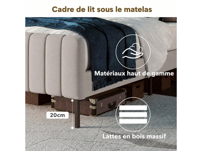  Lit double rembourré, tête de lit réglable, sommier à lattes, beige grisé, 140 x 190 cm  - Conforama E