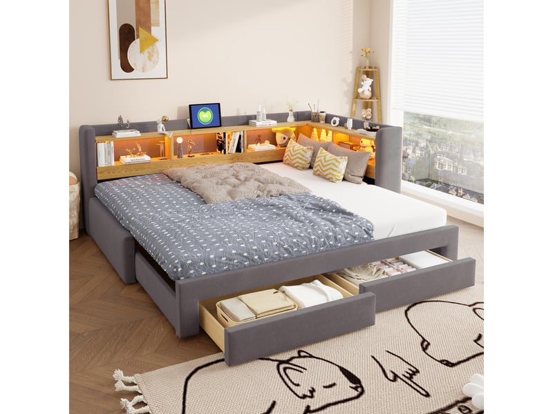  Lit gigogne 90x200 cm avec lit tiroir extensible 180x200 cm, rangement, led et prise, lit banquette multifonction en velours - gris foncé  - Conforama D