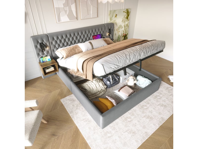  Lit coffre 160x200 en velours gris avec 2 chevets, liseuses usb et sommier à lattes  - Conforama B