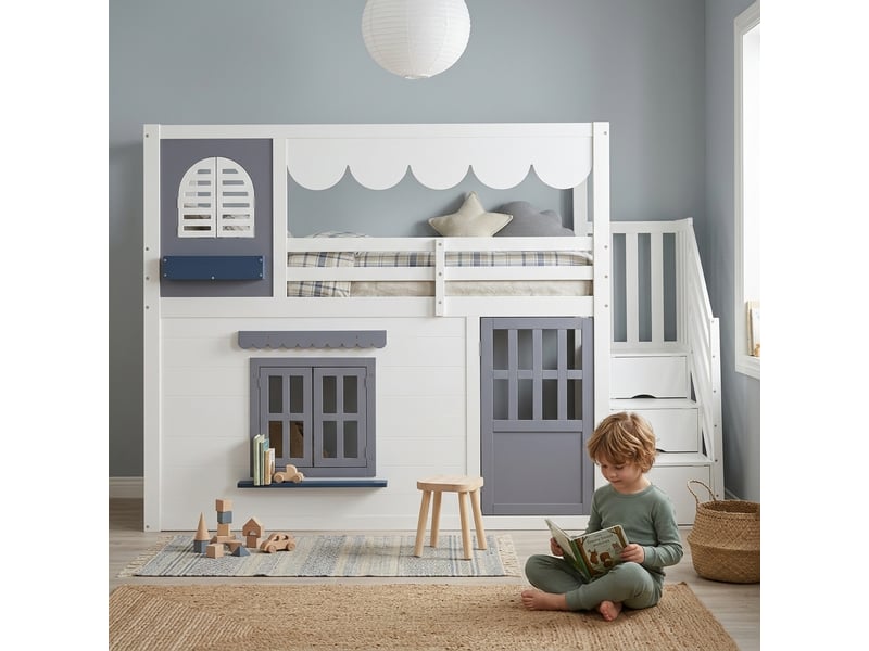  Lit mezzanine enfant 90x200 cm lit cabane lit adolescent lit simple en bois avec escalier de rangement porte fenêtres ouvrantes  - Conforama C