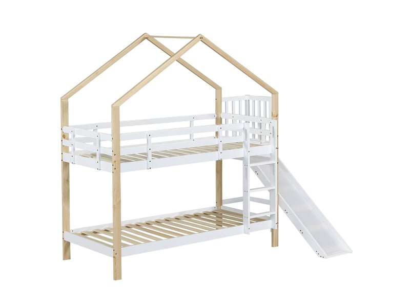  Lit superposé enfant 90x200 cm – blanc et naturel – maison avec toboggan et échelle 3 marches – sans matelas  - Conforama D