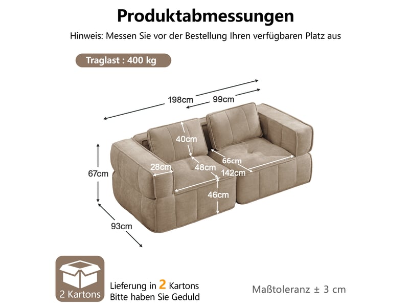  Canapé droit modulable 2 places sans montage avec assise profonde et accoudoirs larges en polyester sable  - Conforama C