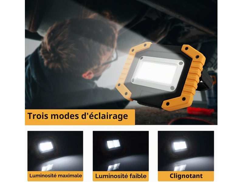  Lot de 2 projecteurs de chantier led 30 w rechargeables 3 modes d'éclairage lampe de travail étanche cob  - Conforama E