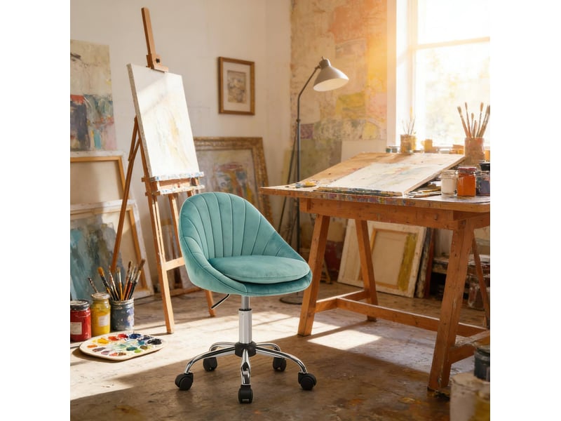  Chaise de bureau pivotante ergonomique en velours avec hauteur réglable et roulettes, turquoise  - Conforama C