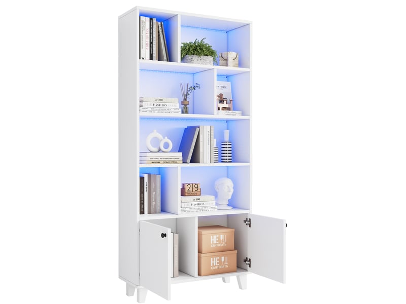 Bibliothèque 80x30x173 cm, pieds en bois massif, plusieurs compartiments de rangement, portes doubles, éclairage d'ambiance led à changement de couleur, contrôle par application, forme simple, blanc - Conforama A