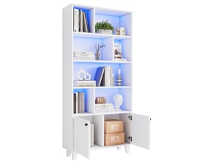 Bibliothèque 80x30x173 cm, pieds en bois massif, plusieurs compartiments de rangement, portes doubles, éclairage d'ambiance led à changement de couleur, contrôle par application, forme simple, blanc