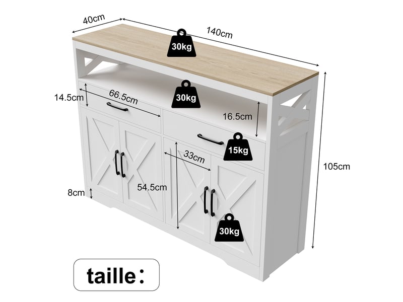  Buffet de cuisine, salle à manger, meuble de rangement avec 2 tiroirs et 3 portes, étagère réglable, pour cuisine, salon, 140x40x105 cm, blanc  - Conforama C