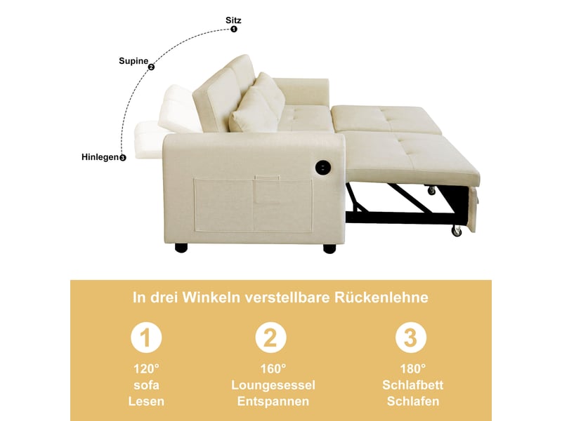  Canapé convertible 2 places 3-en-1, dossier réglable, usb, poches et coussins en aspect lin beige, 142 × 85 × 83 cm  - Conforama E
