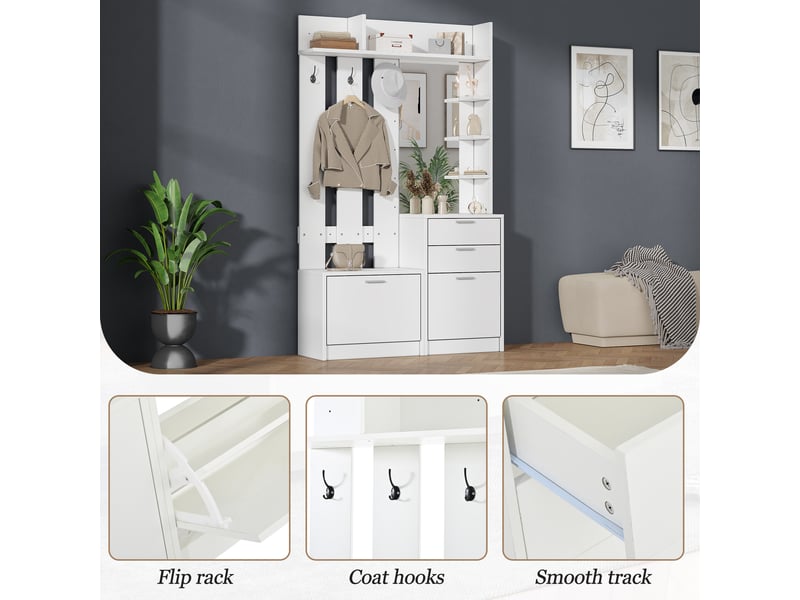 Meuble d’entrée blanc en mdf avec miroir, 2 tiroirs, 2 meubles à chaussures rabattables et 3 patères, 110 x 34 x 185 cm - Conforama E
