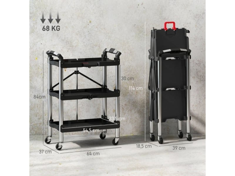  Servante d’atelier pliable noire à 3 niveaux avec poignée, chariot mobile pour garage, charge max. 68 kg  - Conforama C