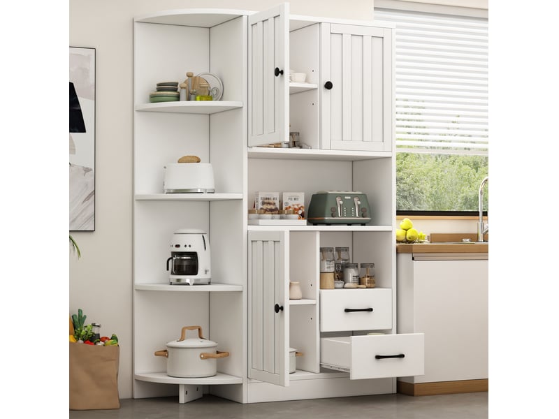  Meuble d’angle de salon 104x35x155 cm, aggloméré blanc, 3 portes, buffet de cuisine équipé de 2 tiroirs, espaces de rangement  - Conforama E