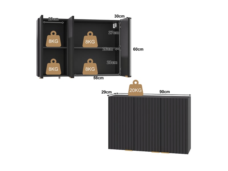  Meuble haut mural 90x29x60 cm à 3 portes avec finition noire  - Conforama C