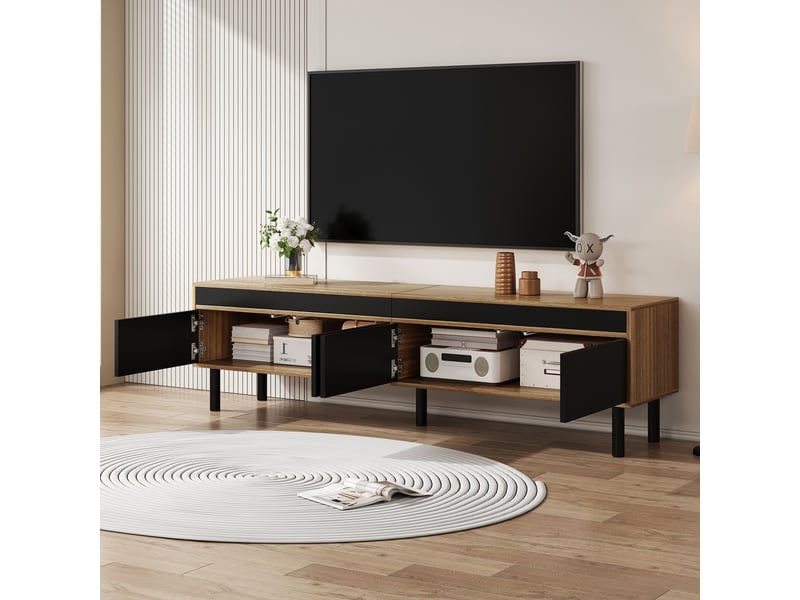 Meuble tv 170 cm avec 4 portes noir et bois naturel - Conforama E