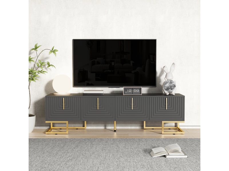Meuble tv 170 cm gris noir avec 4 portes texturées et pieds dorés - Conforama B
