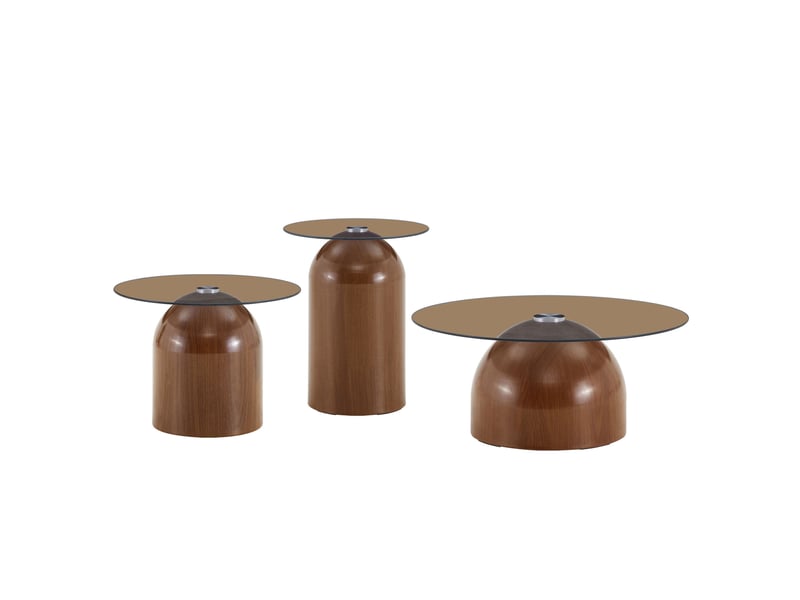  Lot de 3 tables basses brun en verre trempé et acier carboné, piétement demi-sphère  - Conforama A