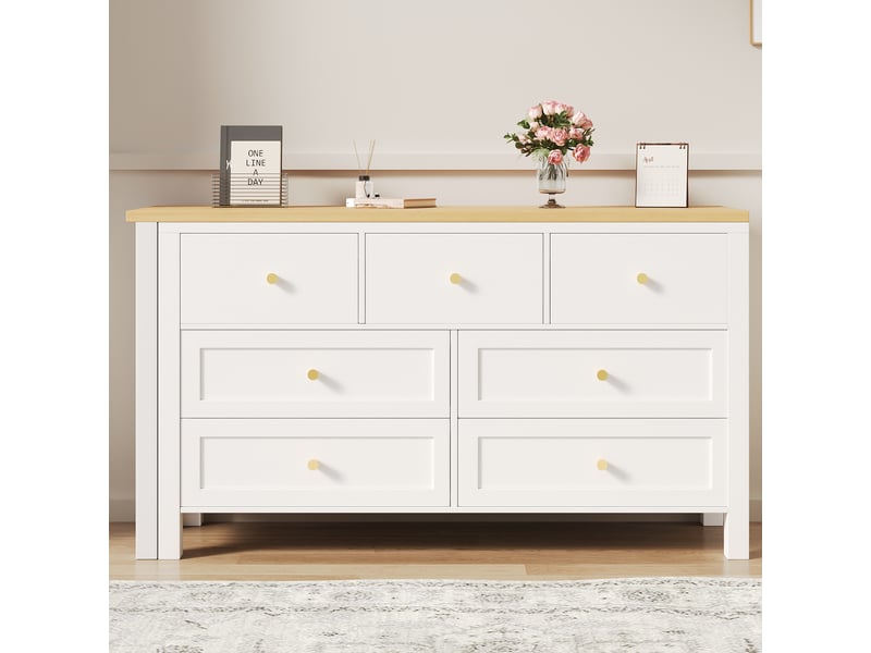  Bureau d'angle 120x40x70 cm avec 7 tiroirs, bureau avec rangement et plateau pivotant 360°, meuble blanc aspect chêne - blanc  - Conforama D