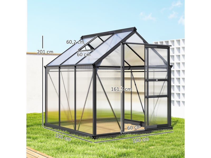  Serre de jardin polycarbonate 3,65m² 190 x 192 x 201 cm résistant aux uv fondation renforcé gouttière gris  - Conforama E