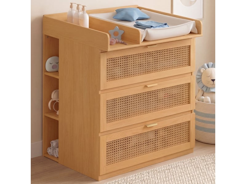  Commode à langer évolutive edhen bois et cannage 3 tiroirs, table à langer et 2 étagères amovibles  - Conforama B