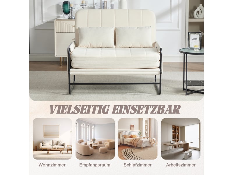Fauteuil convertible 2 places avec poches latérales et coussin lombaire, structure métal, chenille beige - Conforama E