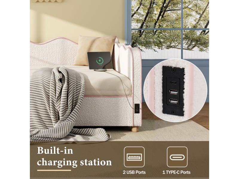  Lit de jour 90x200 cm avec coffre hydraulique et usb, canapé-lit capitonné beige bouclé, dossier inclinable  - Conforama E