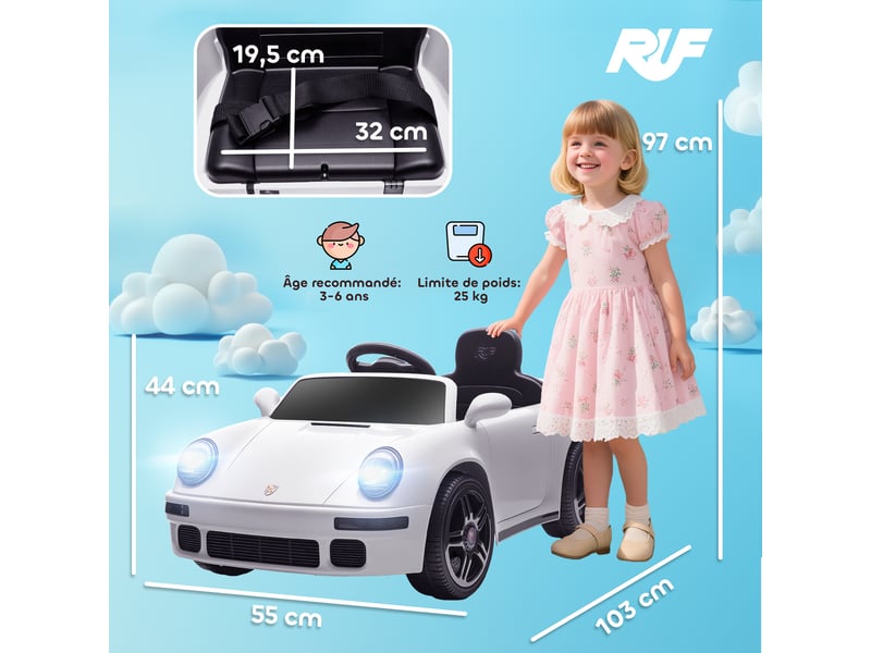 Voiture électrique enfants, véhicule électrique 12v, télécommande 2,4g, phares, musique, klaxon, 103 x 55 x 44 cm, blanc - Conforama E