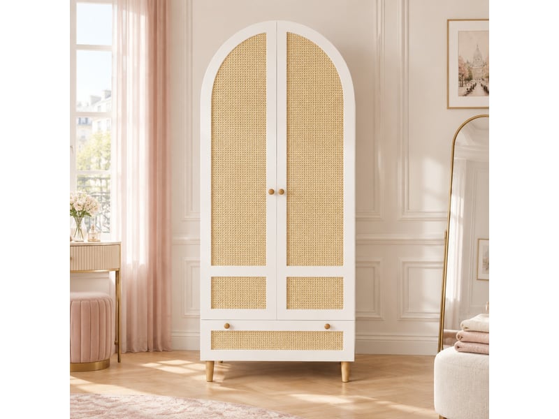  Armoire 2 portes 80 x 50 x 180 cm avec tringle, tiroir, mdf blanc et rotin  - Conforama B