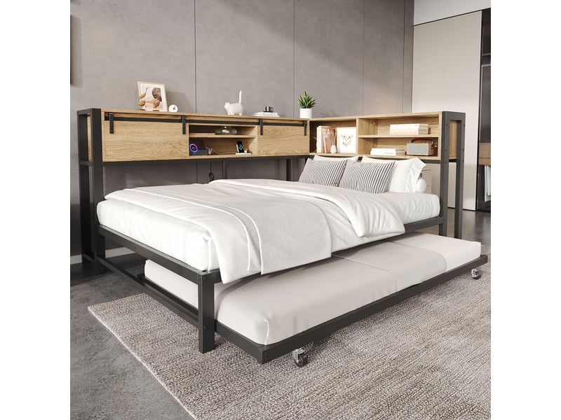  Lit gigogne 120x200cm+90x190cm, tête de lit étagère d'angle, portes coulissantes, prises usb - noir et chêne  - Conforama B