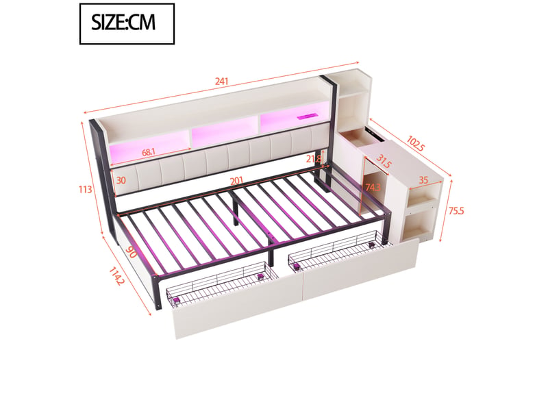 Lit multifonction 90x200cm rangements tiroirs bureau coulissant prises led charge 120kg métalbois blanc sans matelas - Conforama C