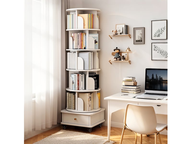  Bibliothèque rotation à 360° 46x46x173 cm avec 1 tiroir en mdf couleur blanc, design moderne, confort optimal  - Conforama B