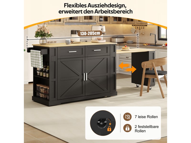  Îlot de cuisine à roulettes plateau extensible 2 tiroirs noir et chêne 130x50x93 cm N635P4044192021S - Conforama D