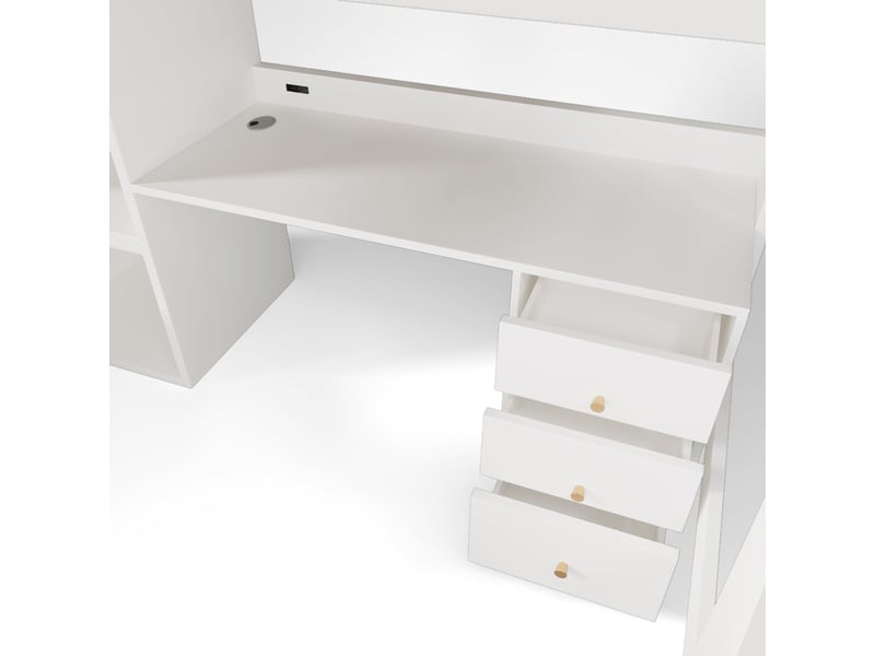  Lit mezzanine 90x200cm avec bureau, bibliothèque, 3 tiroirs et sommier, panneau de particules + mdf + bois, blanc, sans matelas  - Conforama R