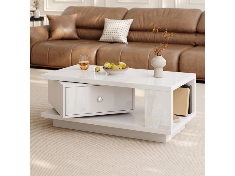  Table basse 90 x 48 cm – blanche brillante – tiroir pivotant, niche ouverte et poignée ronde en métal  - Conforama B