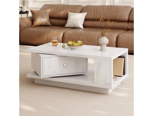 Table basse 90 x 48 cm – blanche brillante – tiroir pivotant, niche ouverte et poignée ronde en métal