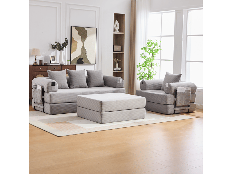  Canapé modulable 4 places en velours côtelé gris clair avec fauteuil et pouf  - Conforama C