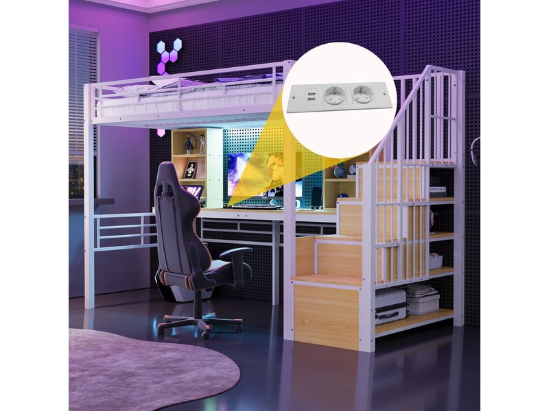  Lit mezzanine 90x200 cm - avec bureau et led - lit simple - escalier avec rangement, prises, barrière de sécurité, métal blanc  - Conforama E
