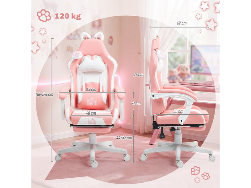 Fauteuil de jeu avec oreilles de chat, dossier inclinable, repose-pieds extensible, supporte jusqu'à 120 kg, rose et blanc.  - Conforama E