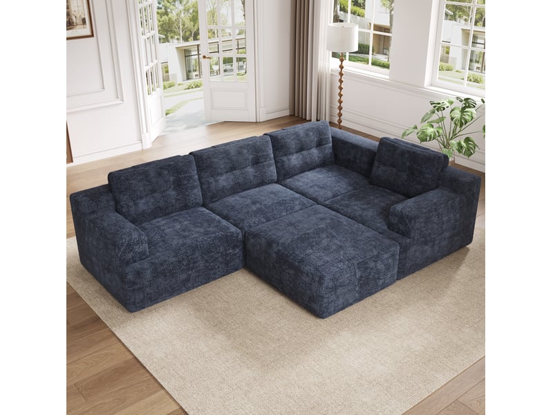  Canapé modulable 252x180x82 cm, sans montage, mousse haute élasticité, canapé salon, assise profonde, chenille, bleu  - Conforama E